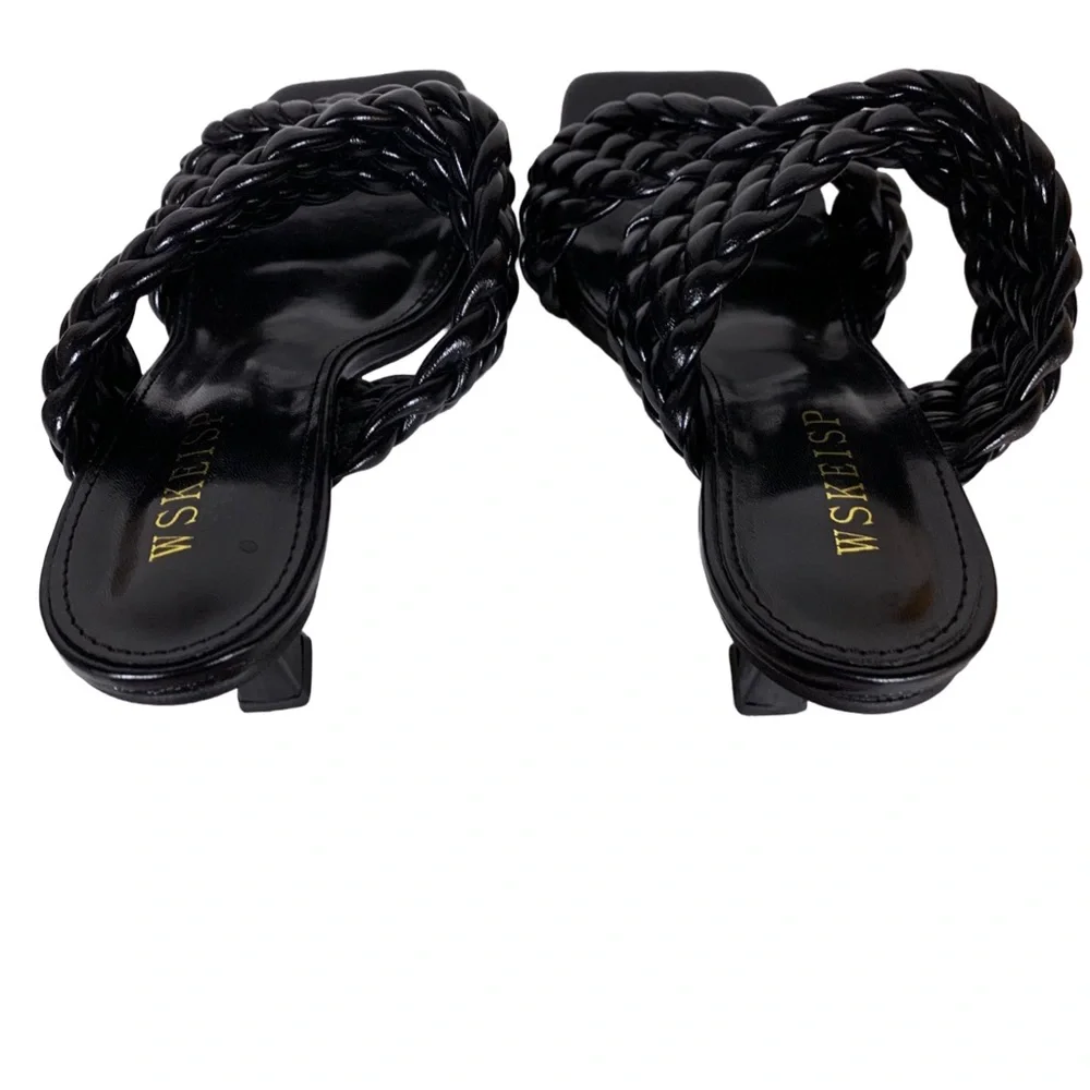 WSKEISP BLACK FAUX LEATHER BRAIDED STRAPS SQUARE HEEL MULES (38)